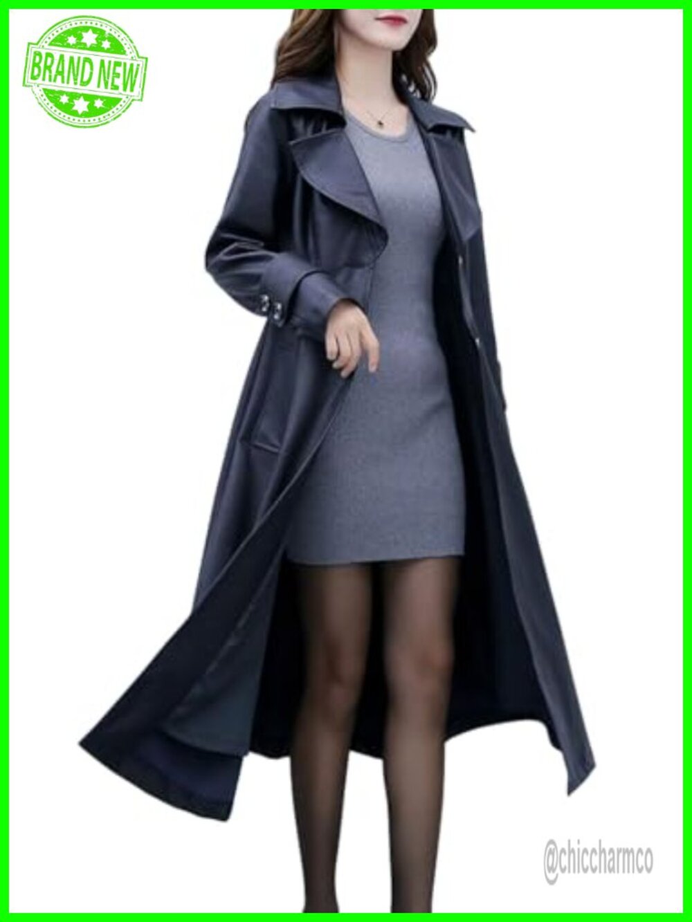 Women's PU Leather Fit and Flare Trench Coat with Lapel Collar